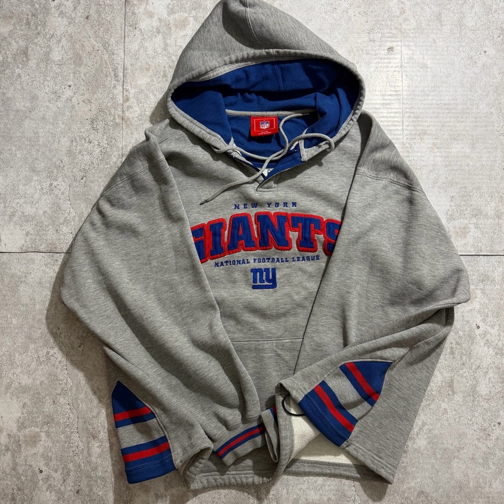 NFL New York Giants Hoodie Mens XL‎ Gray Blue Embroidered Spellout Pullover Vtg